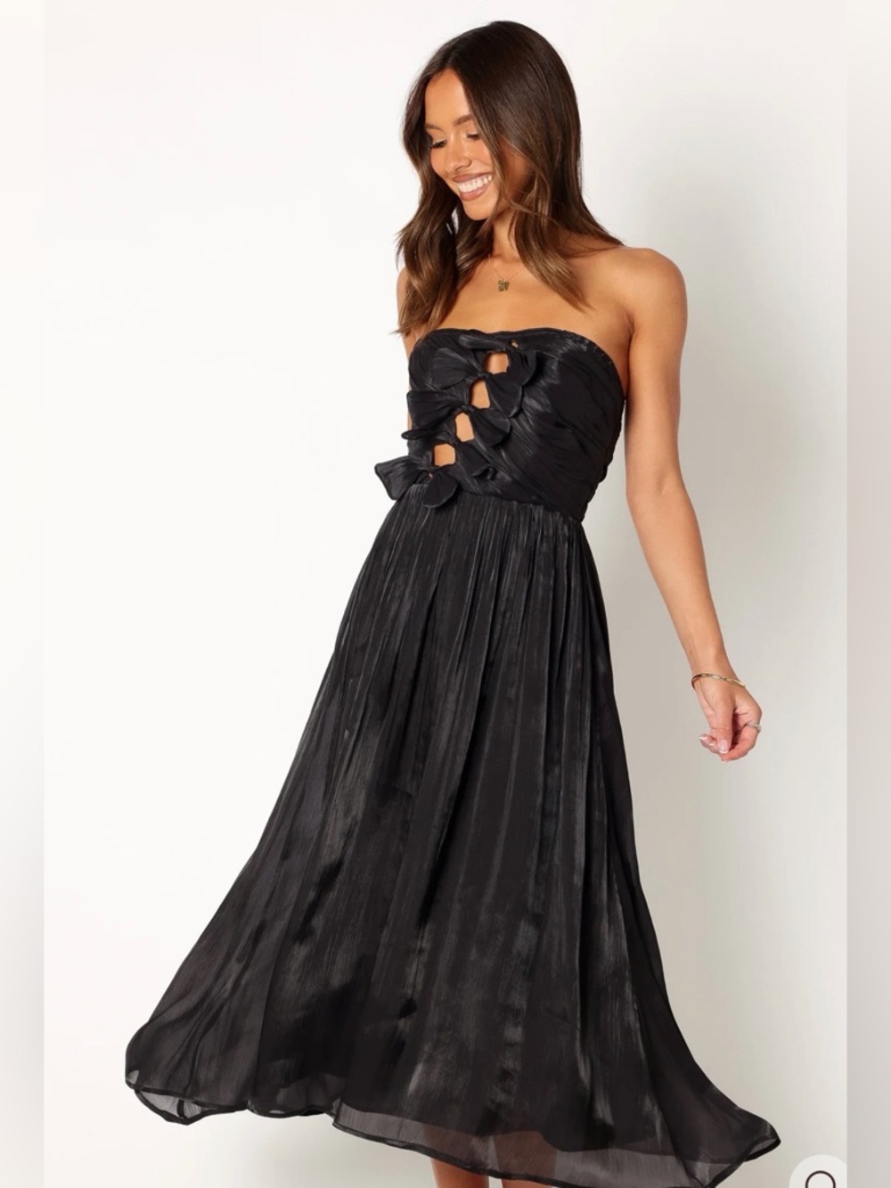 Strapless Black Midi Dress with Front Bow Cutouts